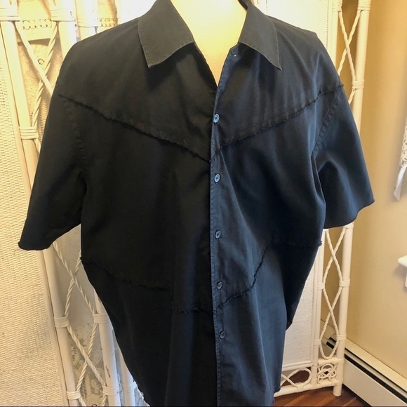 Reaction Kenneth Cole Shirt Black Button Up Short Sleeves Frayed Men's Large - Picture 2 of 16
